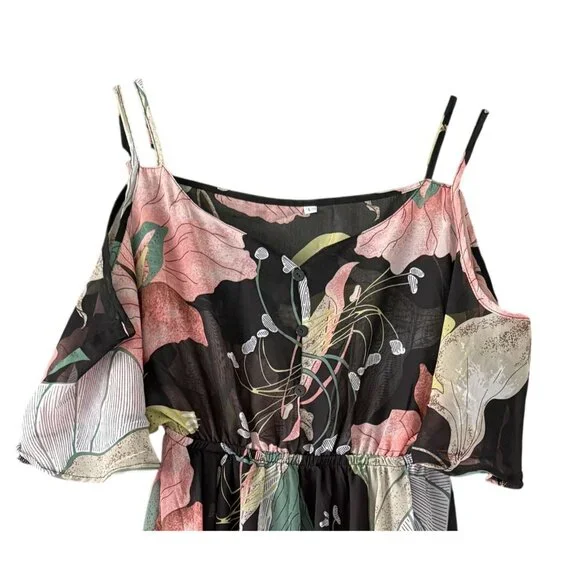 Womens Floral Cold Shoulder Dress Large Beach Boho Lightweight Flowy Fairy - Picture 2 of 5